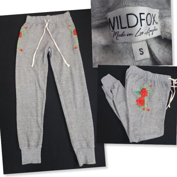 New Wildfox Couture Rose Gray Heather Embroidered Fleece Jogger Sweatpants Sz S - Picture 2 of 7